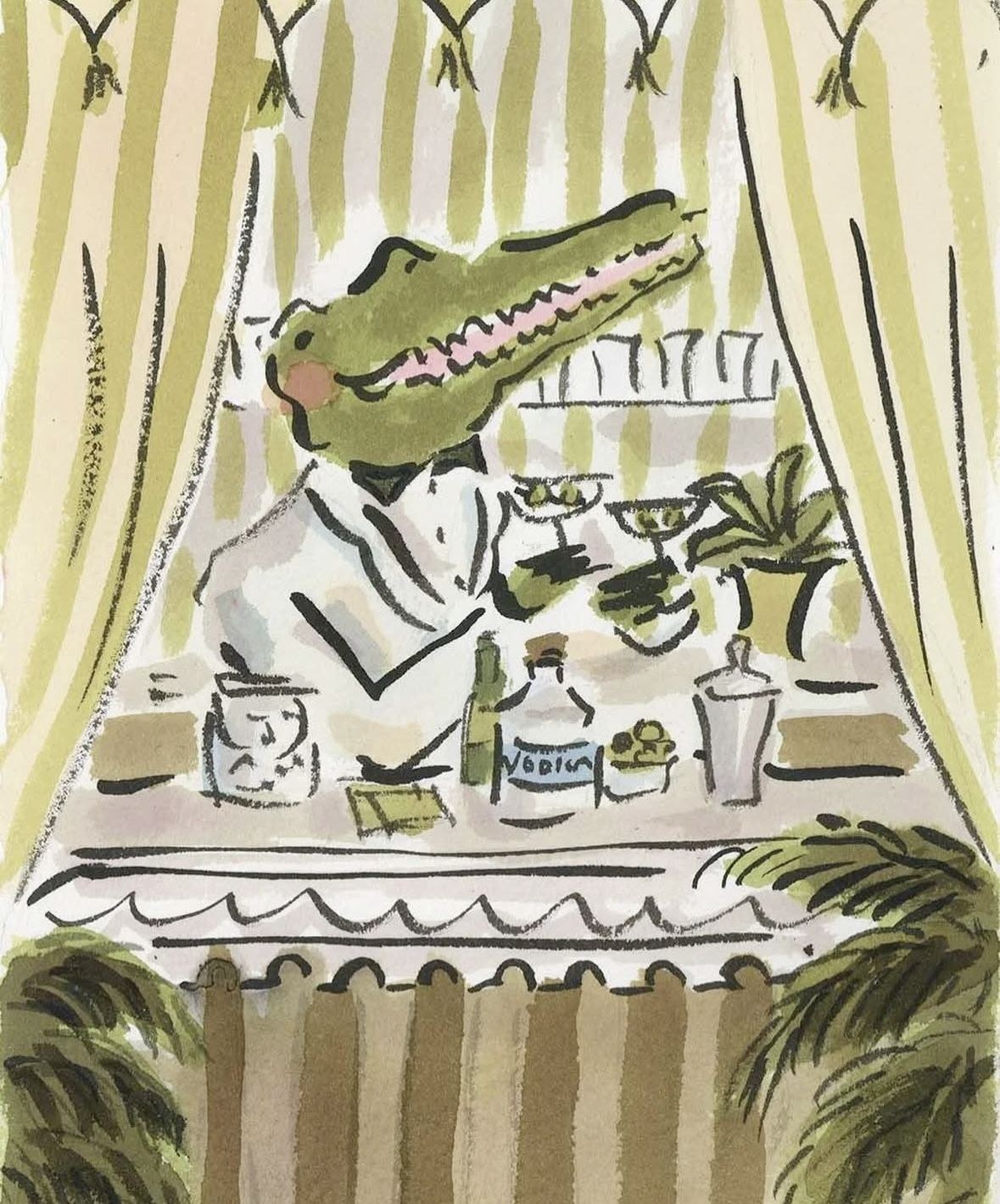 Watercolour illustration of a crocodile bartender in a white jacket mixing martinis under striped green curtains