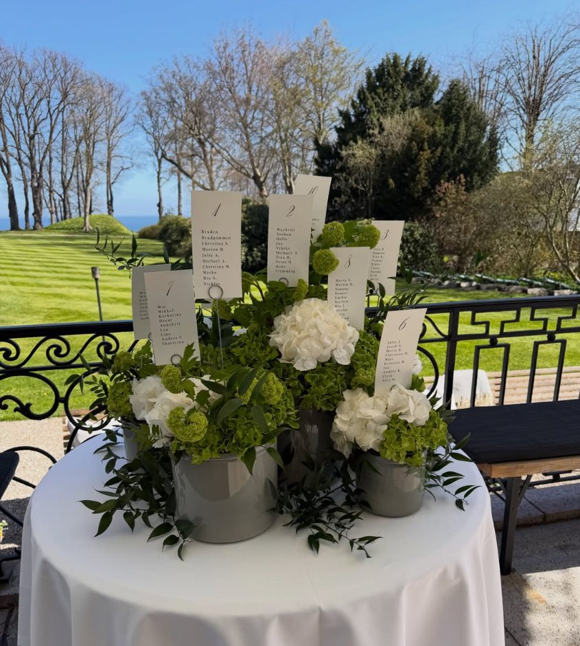 Seating cards among green and white hydrangeas on the terrace