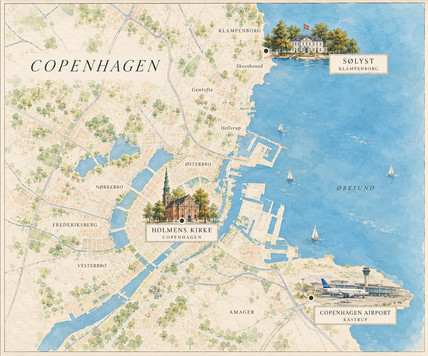 Illustrated map of Copenhagen showing Holmens Kirke in the city centre, Sølyst in Klampenborg on the coast to the north, and Copenhagen Airport in Kastrup to the south-east